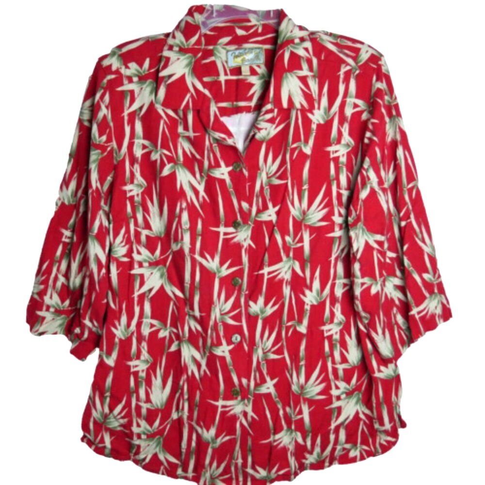 VTG Island Sands Women's 1X Hawaii Red 3/4 Sleeve Top Button Up Padded Shoulder